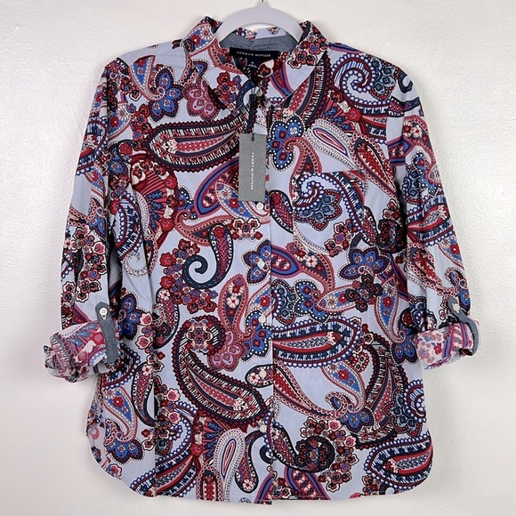 Tommy Hilfiger Tops - Tommy Hilfiger New Women's M Paisley Print Long Sleeve Roll-up Tab Button Shirt